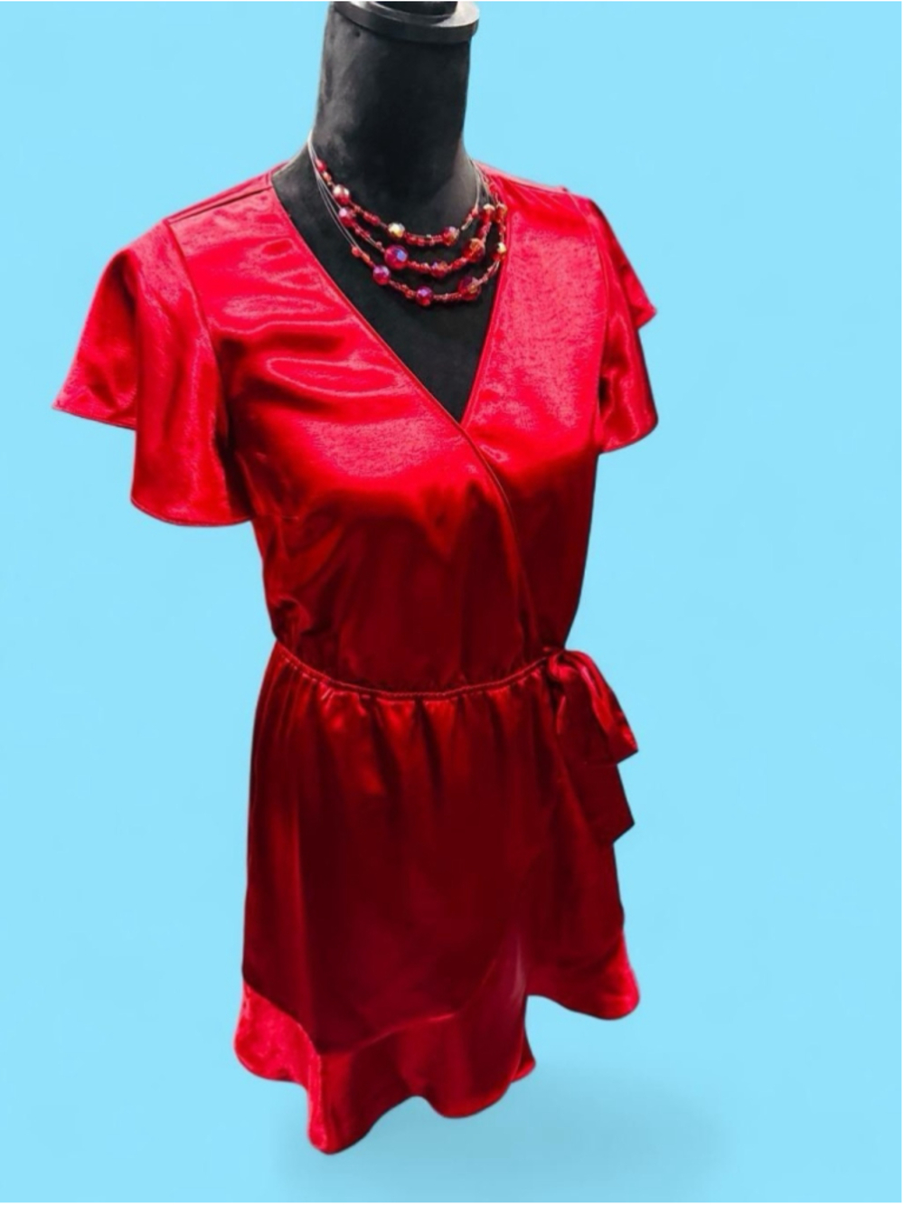 Naked Zebra Red Satin Faux Wrap Mini Dress S Flutter Sleeve Ruffle Cocktail EUC